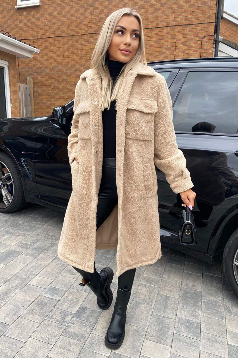 Oatmeal Oversized Teddy Faux Fur Front Pocket Coat