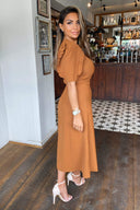 Tan Pleated Sleeve Split Leg Midi Dress