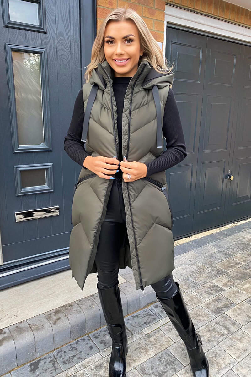 Khaki Hooded Zip Up Gilet