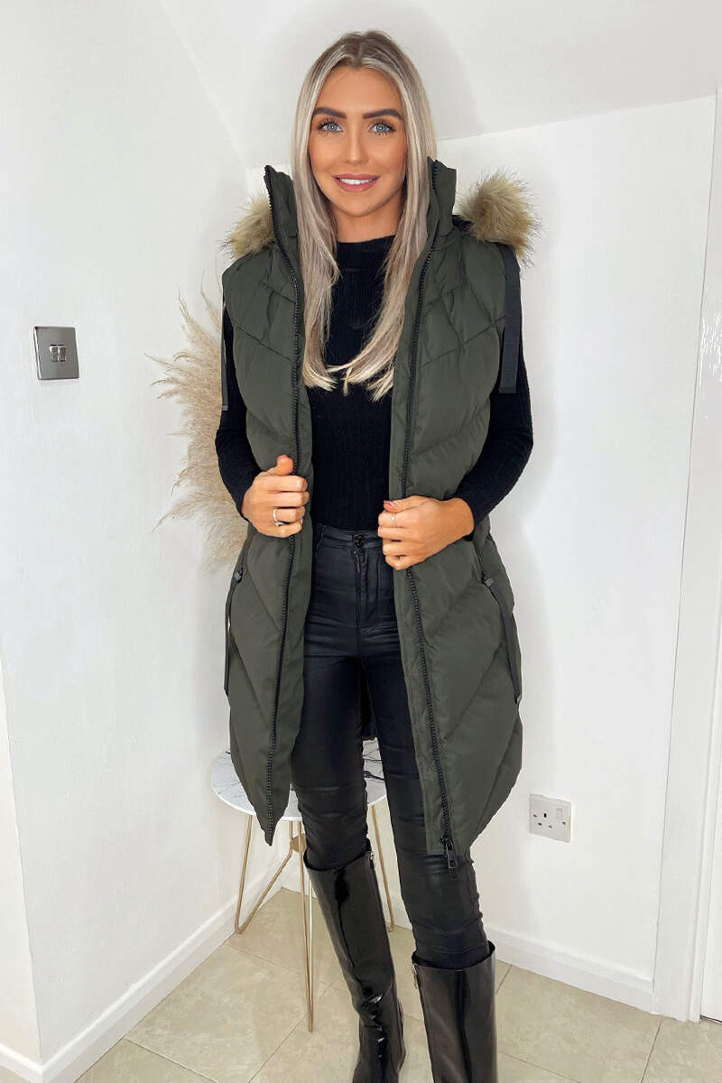 Khaki Faux Fur Hooded Gilet