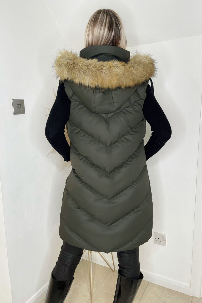 Khaki Faux Fur Hooded Gilet