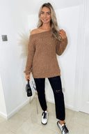 Camel Off The Shoulder Fluffy Jumper