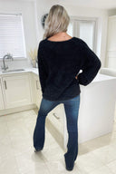 Black V-Neck Fluffy Knitted Jumper