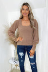 Camel Square Neck Fluffy Knitted Jumper