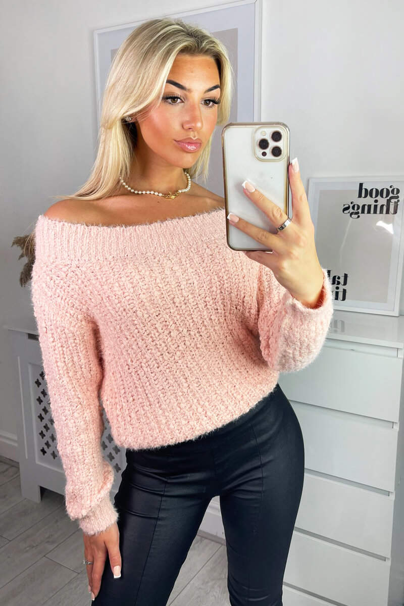 Blush Off The Shoulder Fluffy Jumper