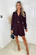 Plum Wrap Over Belted Skater Dress