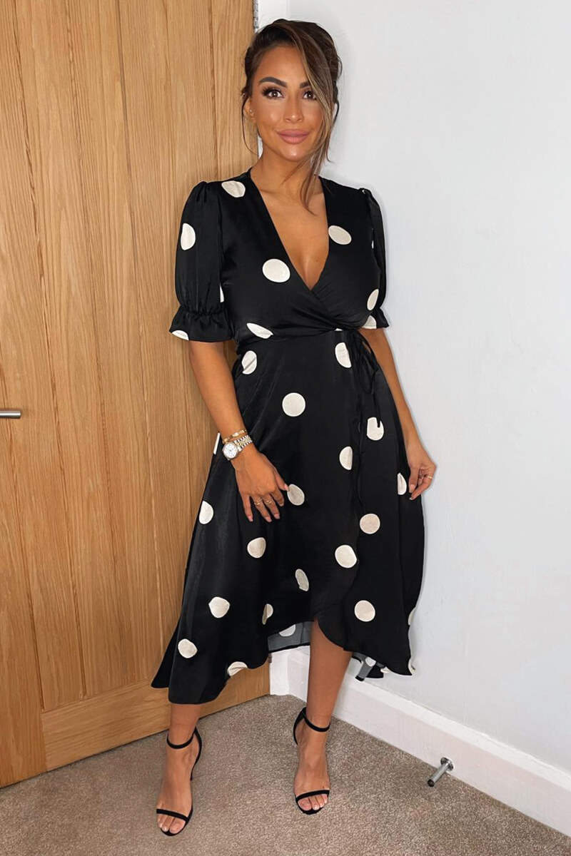 Black And Stone Polka Dot Wrap Side Tie Midi Dress