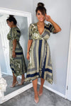 Khaki Scarf Print Wrap Midi Dress