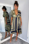 Khaki Scarf Print Wrap Midi Dress