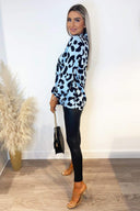 Blue Animal Print High Neck Long Sleeve Top