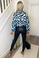 Blue Animal Print High Neck Long Sleeve Top