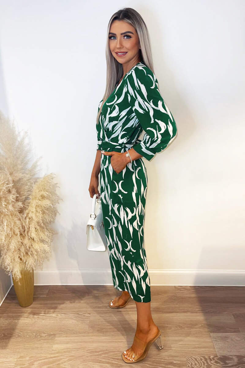 Green And White Printed Belted Jumpsuit