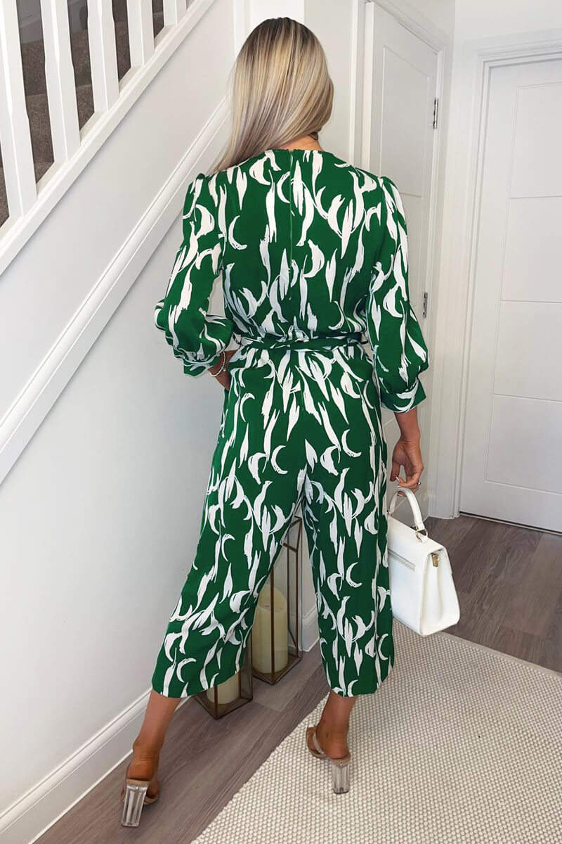 Green And White Printed Belted Jumpsuit