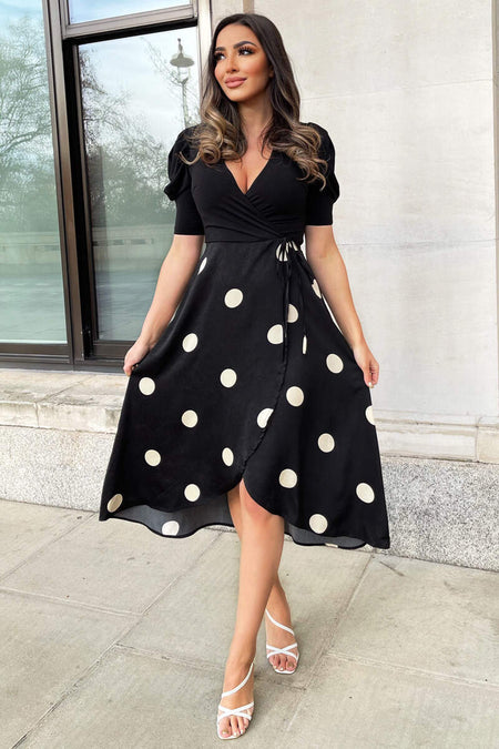 Black And Cream Polka Dot 2 in 1 Wrap Over Midi Dress