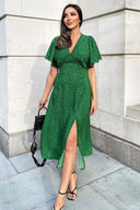 Green Printed V-Neck Short Sleeve Midi Dress