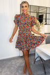 Multi Floral High Neck Button Front Mini Dress