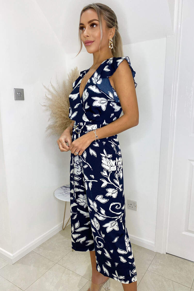 Navy And White Floral Wrap Front Belted Jumpsuit