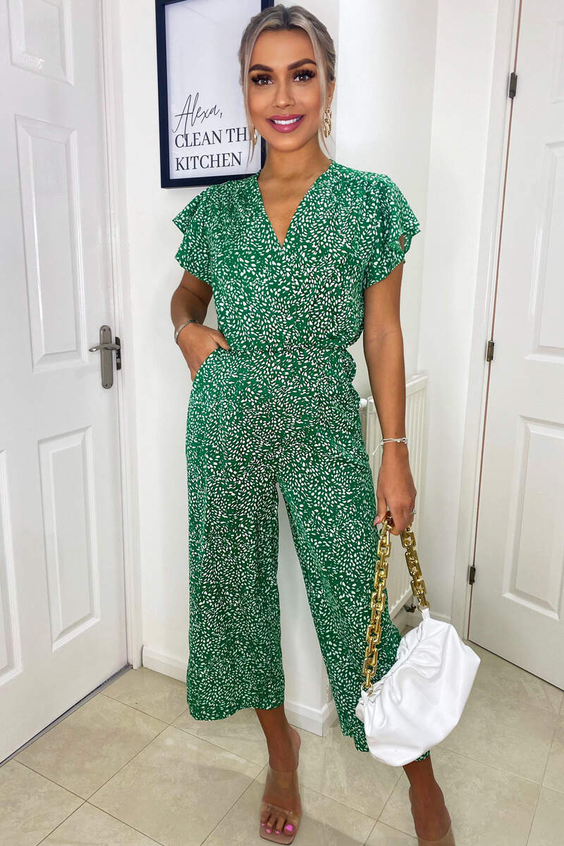 Green And White Printed Wrap Over Frill Sleeve Jumpsuit