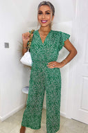 Green And White Printed Wrap Over Frill Sleeve Jumpsuit