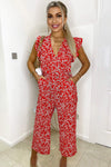 Red Floral Print Wrap Front Belted Jumpsuit