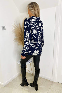 Navy and White Floral Printed Elasticated Cuff Shirt