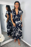 Navy Marble Print Short Sleeve Ruffle Midi Dress