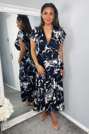 Navy Marble Print Short Sleeve Ruffle Midi Dress