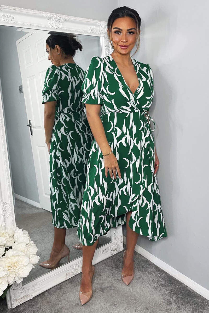 Green And White Printed Wrap Side Tie Midi Dress Green And White Printed Wrap Side Tie Midi Dress