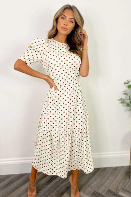 Cream And Brown Polka Dot Midi Smock Dress