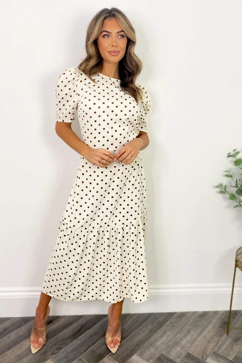 Cream And Brown Polka Dot Midi Smock Dress