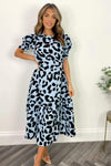 Blue and Black Animal Print Short Sleeve Midi Smock Dress