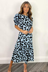 Blue and Black Animal Print Short Sleeve Midi Smock Dress