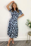 Blue and Black Animal Print Short Sleeve Midi Smock Dress