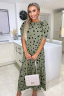 Khaki Polka Dot Short Sleeve Tiered Midi Dress