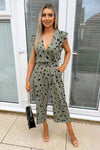 Khaki And Black Dotty Wrap Front Belted Jumpsuit