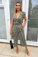 Khaki And Black Dotty Wrap Front Belted Jumpsuit