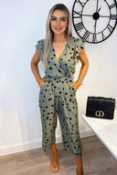 Khaki And Black Dotty Wrap Front Belted Jumpsuit