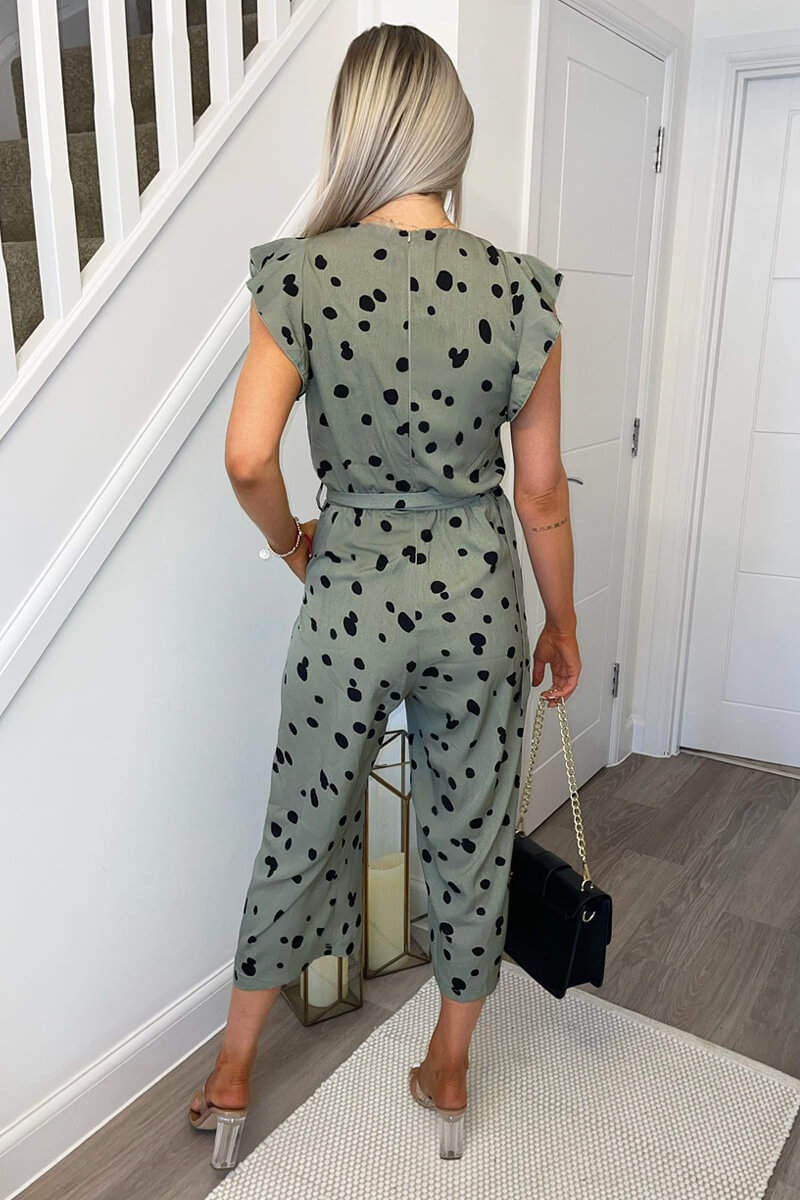 Khaki And Black Dotty Wrap Front Belted Jumpsuit