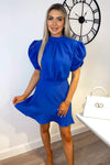 Blue High Neck Puff Sleeve Skater Dress