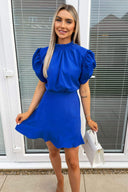 Blue High Neck Puff Sleeve Skater Dress