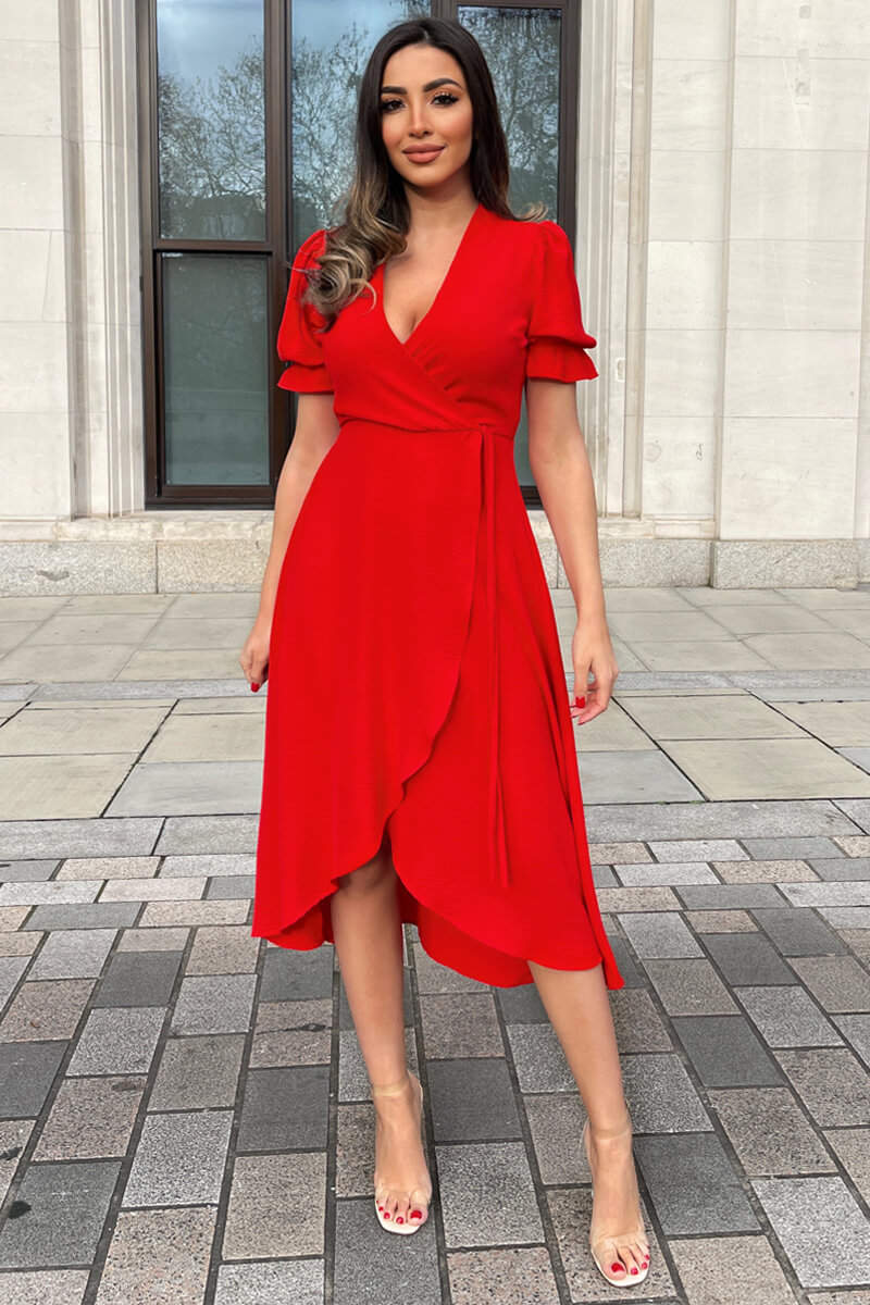 Red Wrap Side Tie Midi Dress AX Paris US Red Wrap Side Tie Midi Dress AX Paris US