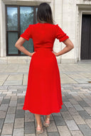 Red Wrap Side Tie Midi Dress