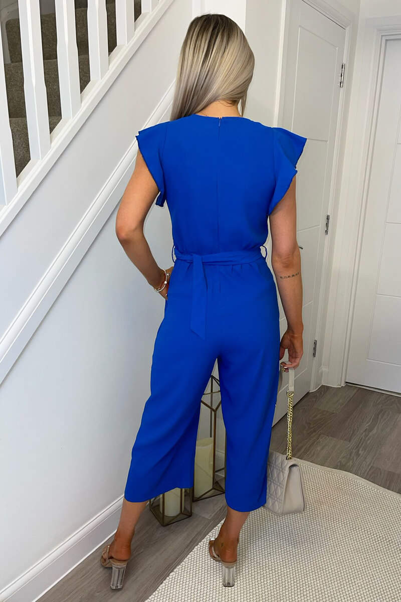 Blue Wrap Front Belted Jumpsuit