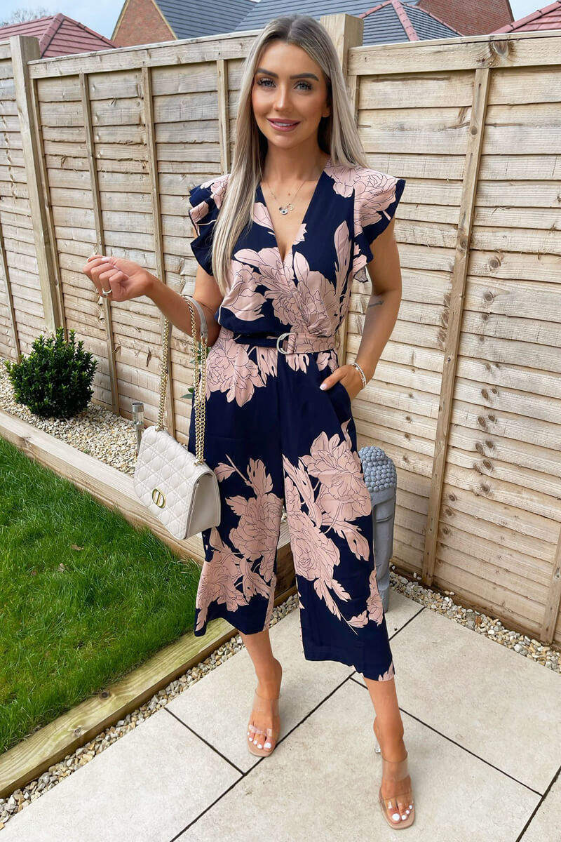 Navy And Blush Floral Wrap Front Belted Jumpsuit