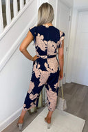Navy And Blush Floral Wrap Front Belted Jumpsuit