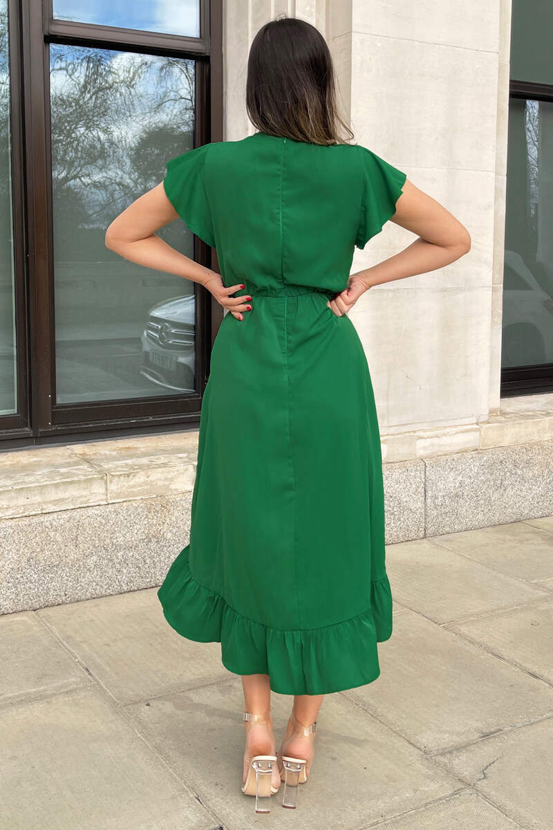 Green Wrap Over Frill Hem Short Sleeve Midi Dress