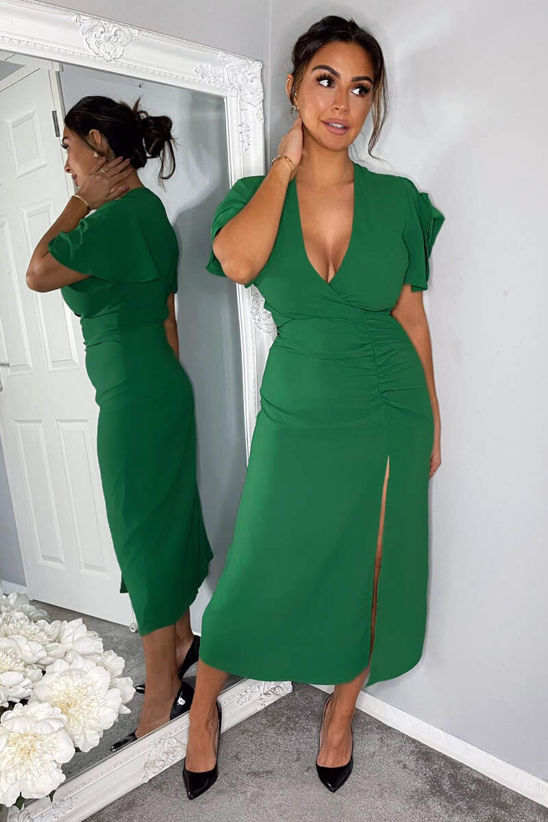 Green Ruched Split Leg Midi Dress