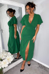 Green Ruched Split Leg Midi Dress