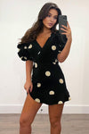 Black and Cream Polka Dot Pleated Sleeve Skater Dress