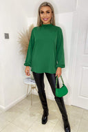 Green Ruffle High Neck Long Sleeve Top